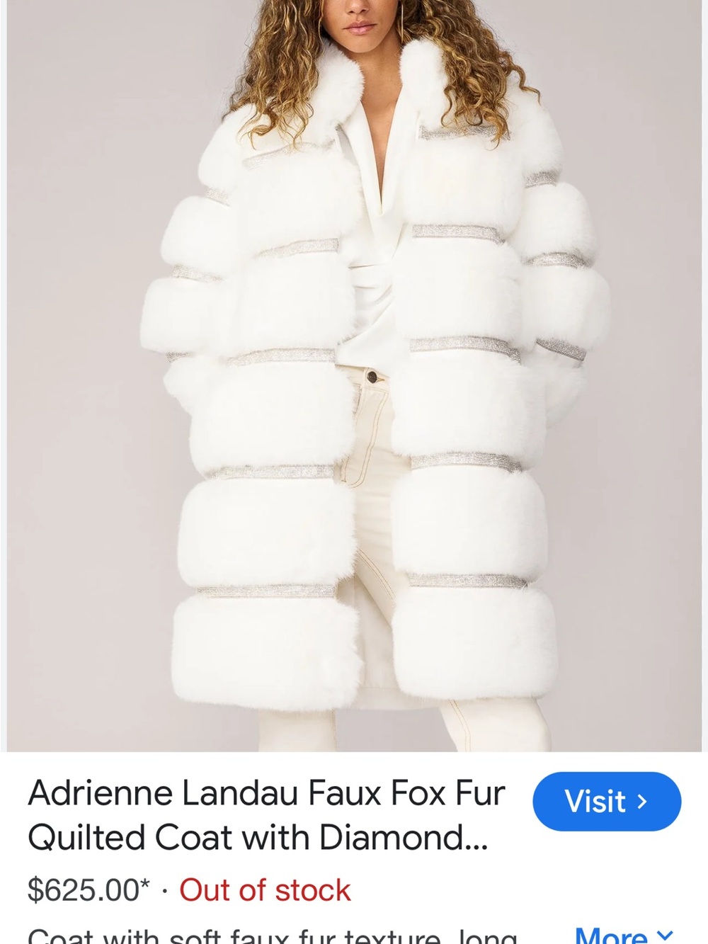 Adrienne Landau White Faux Fox Fur Coat with Sparkle Trim